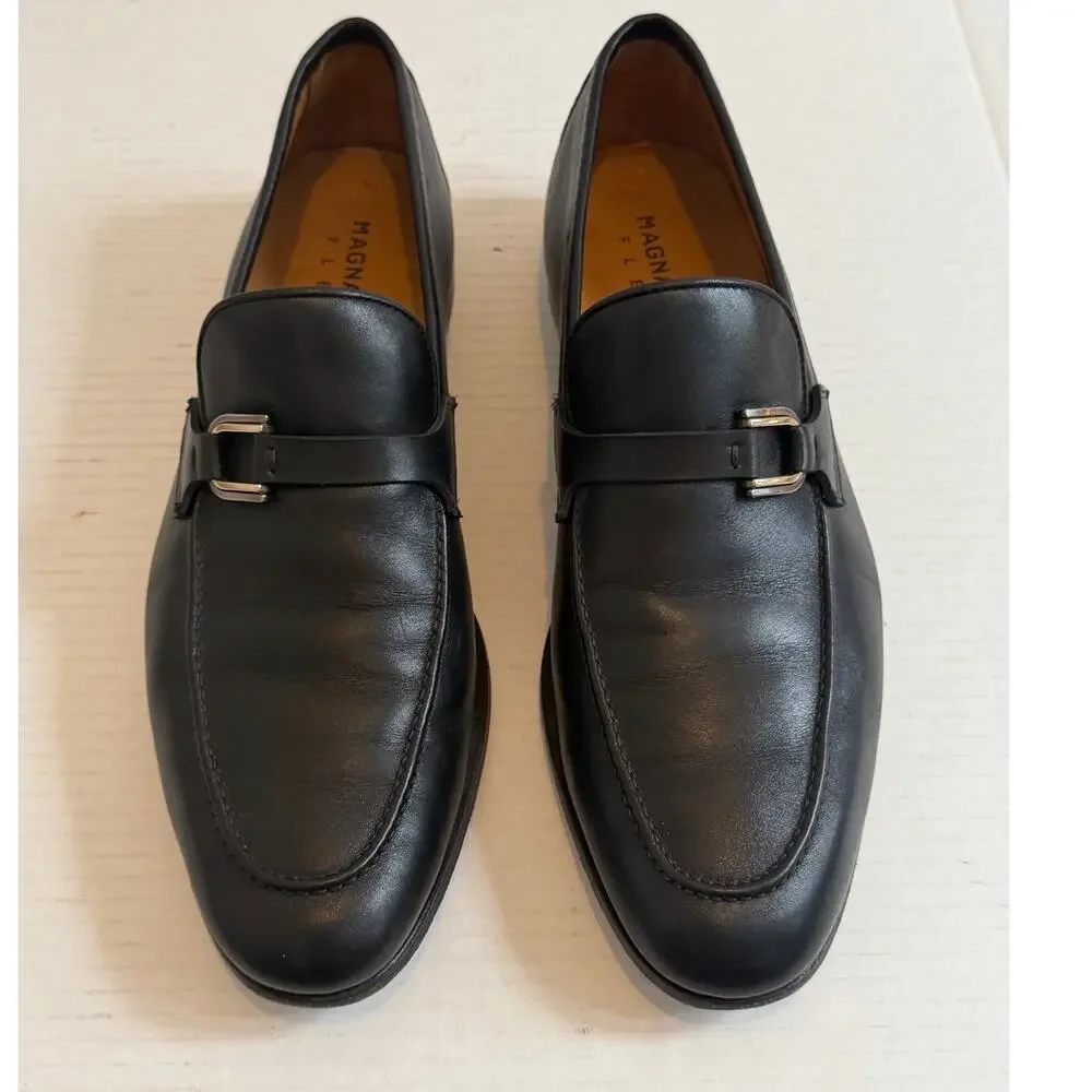 Men's Magnanni Flex Black Leather Strap Silver Buckle Dress Slip On Shoes Sz 12